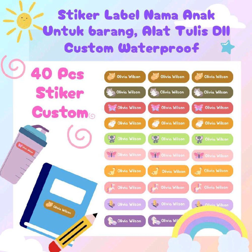

STIKER LABEL ANAK UNTUK PERALATAN TUMBLER, ALAT TULIS, BUKU CUSTOM WATERPROOF
