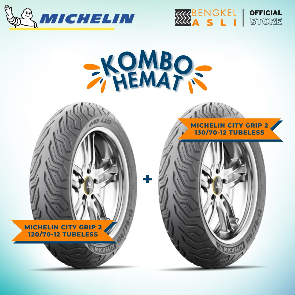 (KOMBO HEMAT 2 BAN TUBELESS) Ban Motor Scooter MICHELIN CITY GRIP 2 Ring 12 120/70-12 + Ban Motor Sc