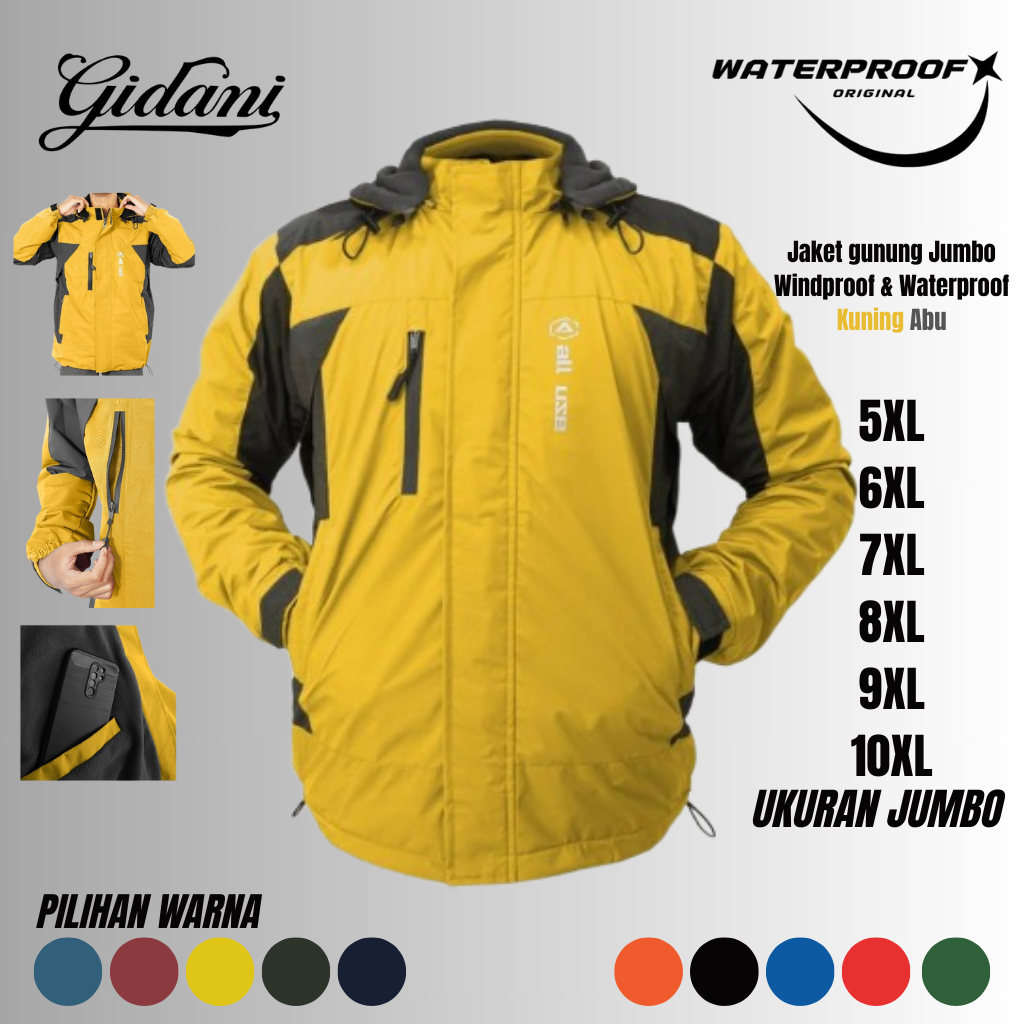 JAKET GUNUNG PRIA WATERPROOF 100% ORIGINAL JAKET WINDPROOF BIG SIZE JUMBO 5XL 6XL 7XL 8XL 9XL 10XL