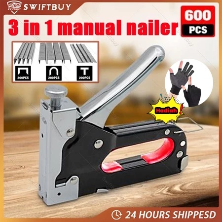 

CKS15 Gratis 600 paku 3 In 1 Pistol Kuku Pistol Stapler Konstruksi Konstruksi Furnitur DIY Pelapis