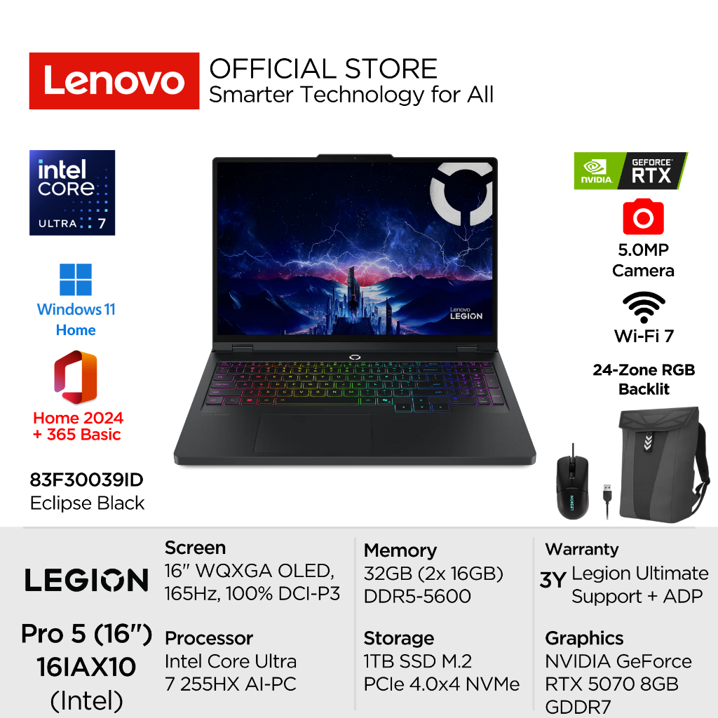 Lenovo Legion Pro 5i 16IAX10 39ID Intel Core Ultra 7 255HX Win11 32GB 1TB SSD NVIDIA RTX 5070 8GB 16