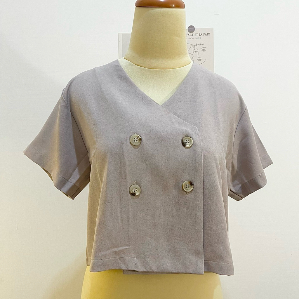 Atasan Wanita Lengan Pendek Blouse Ungu Lilac Kerah V Neck Kerja Kuliah Kantoran Kimono Top Crop