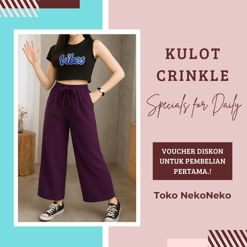 Celana Kulot Non Plisket Murah, Bahan Crinkle Tekstur Kulit Jeruk.