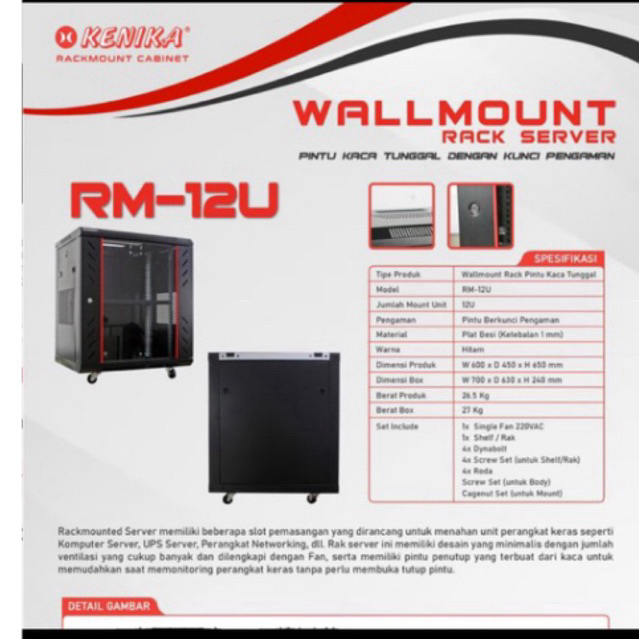 Kenika wallmount rack server 12U with pintu kaca tunggal dan kunci pengaman 600x450x640 mm hitam
