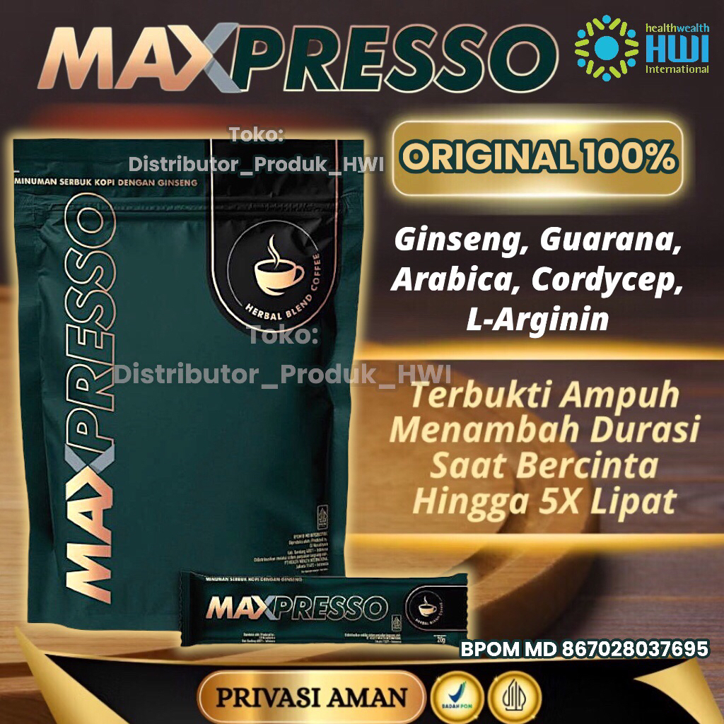 

Kopi Maxpresso HWI Original 5 Sachet Maxpresso Coffee Asli Herbal Ginseng Untuk Stamina dan Vitalitas Pria