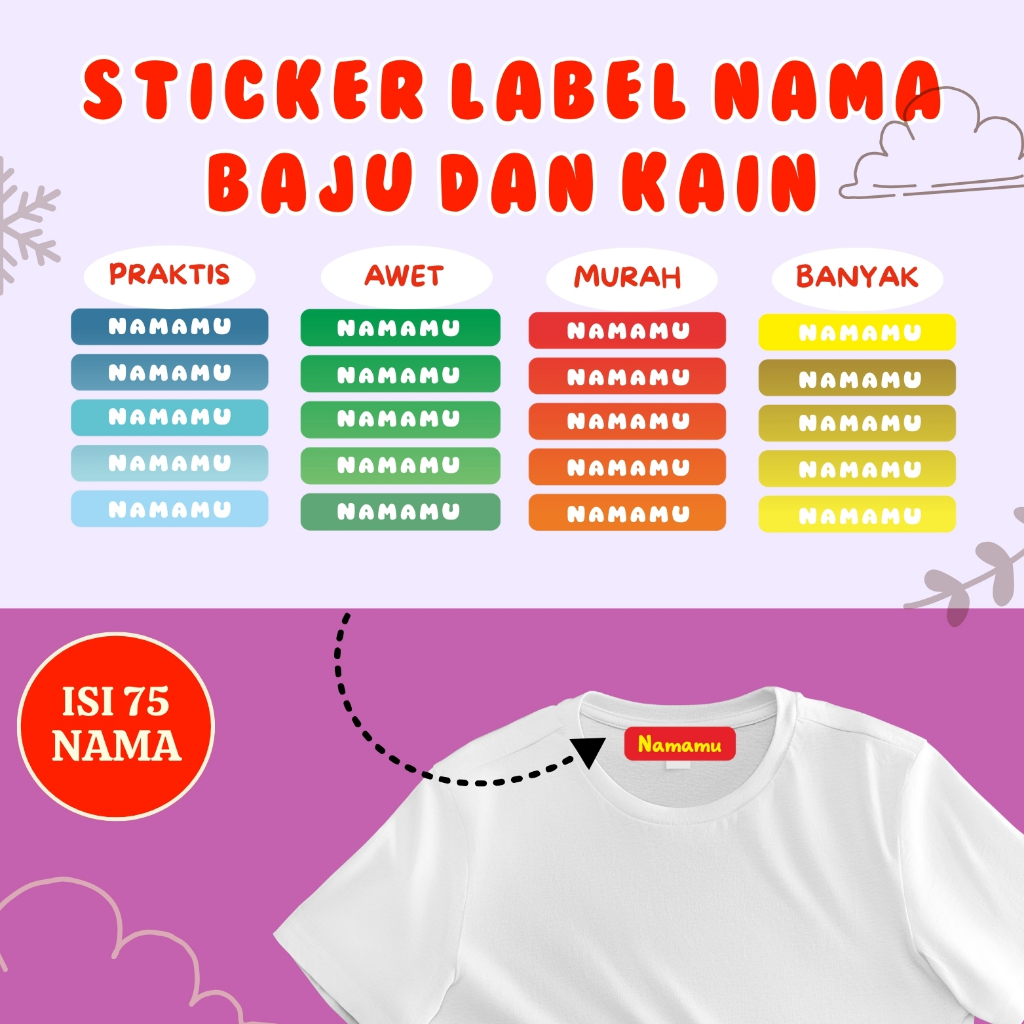

75 Pcs Label Baju Nama Anak Custom Setrika Label Baju Label Custom Nama Baju Stiker Kain Baju