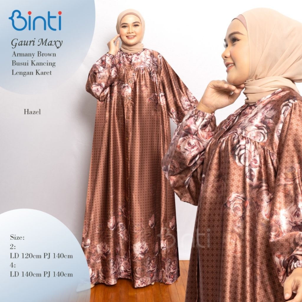 GAURI MAXY DRESS JUMBO LD 120 Ld 140 ARMANY BROWN BY BINTI   Karet Muslim Panjang Formal Wanita Moti