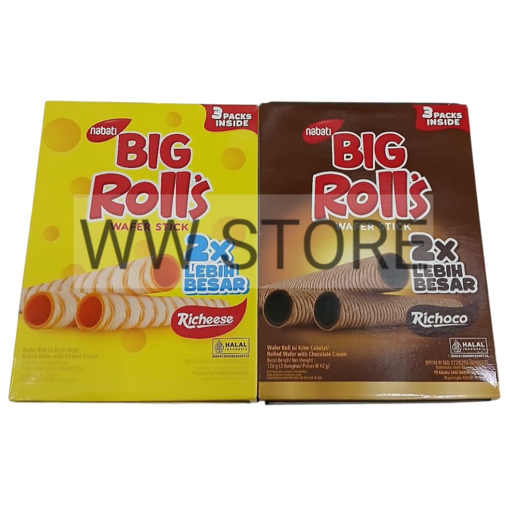 

Wafer gulung isi krim keju coklat cokelat halal MUI nabati BIG Roll's WAFER STICK Cheese Richeese Choco Chocolate Richoco Cream Rolled Wafer