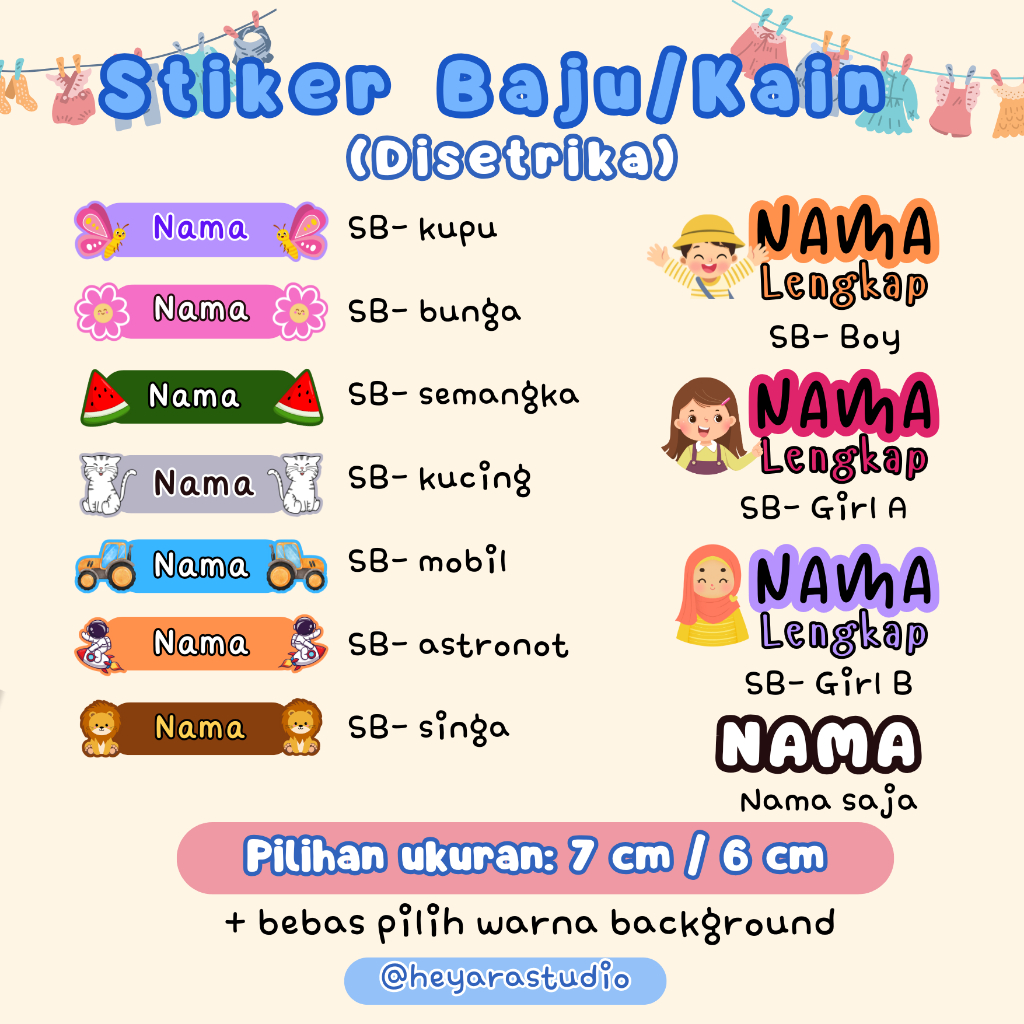 

Stiker Kain Baju Setrika / Label Nama Anak Tahan Cuci - Custom Nama Tempel Seragam, Tas, Baju, Dll