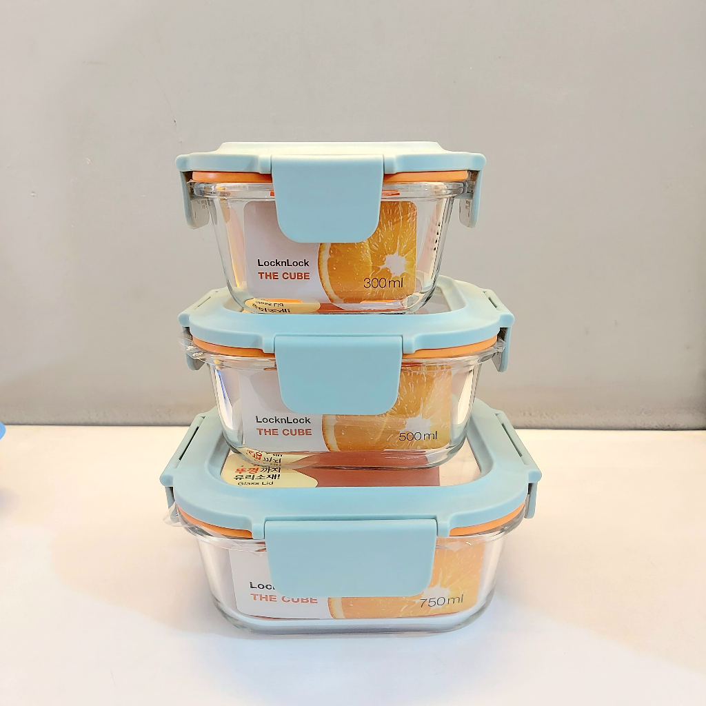LocknLock The Cube Kotak kaca penyimpanan makanan 300ml, 500ml, dan 750 ml
