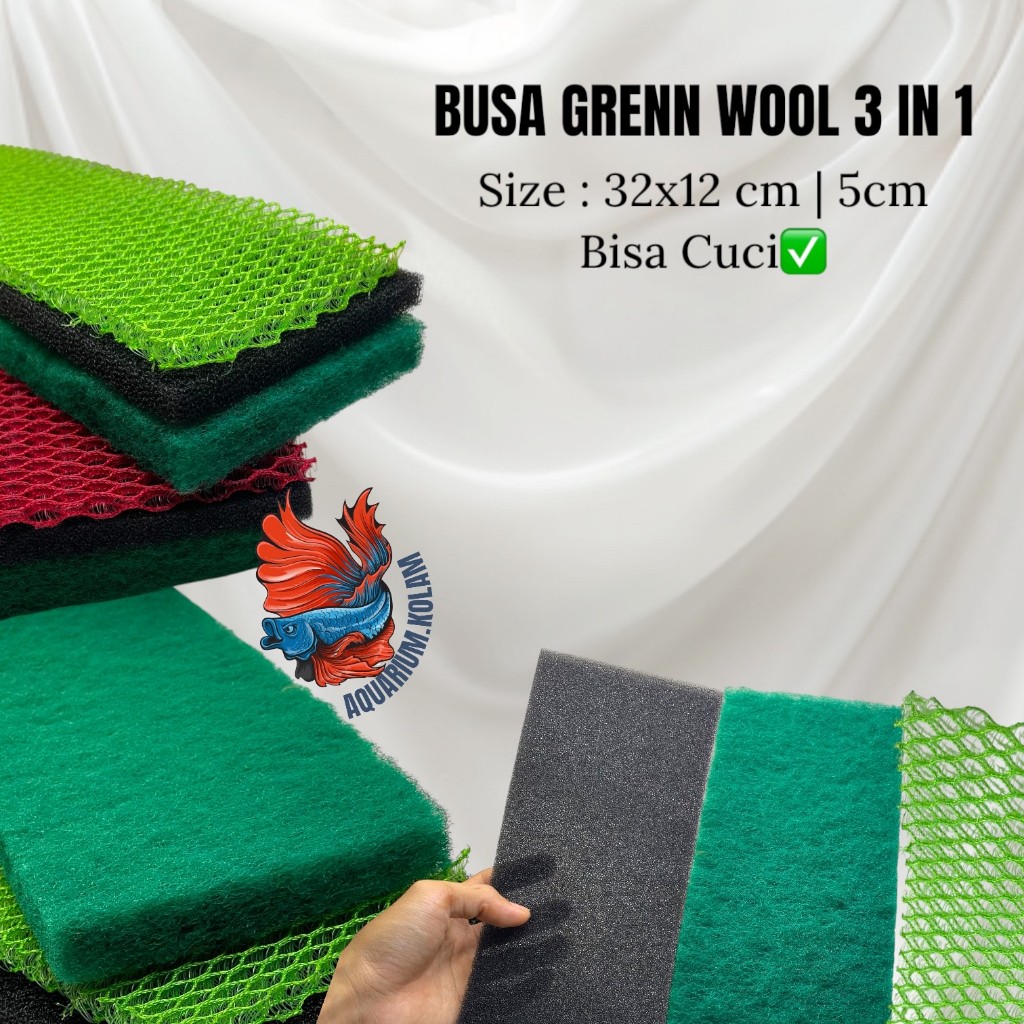 BUSA GREEN WOOL 3 IN 1 FILTER AQUARIUM UKURAN 32x12x5 | BISA DICUCI - FILTER AIR KOLAM IKAN