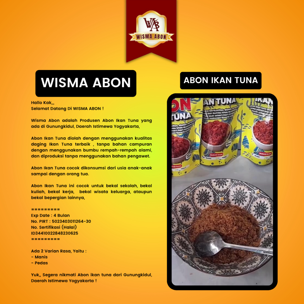 

Abon Ikan Tuna Original Tanpa Bahan Pengawet Wisma Abon Kemasan standing poach 100gr