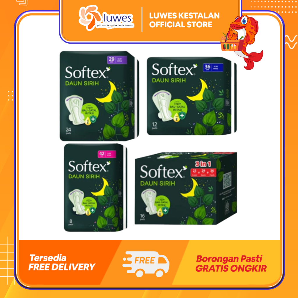 (LUWES) Softex Daun Sirih Night Wing 29cm / 36cm / 3 in 1 | Pembalut Softex Daun Sirih Night Wing