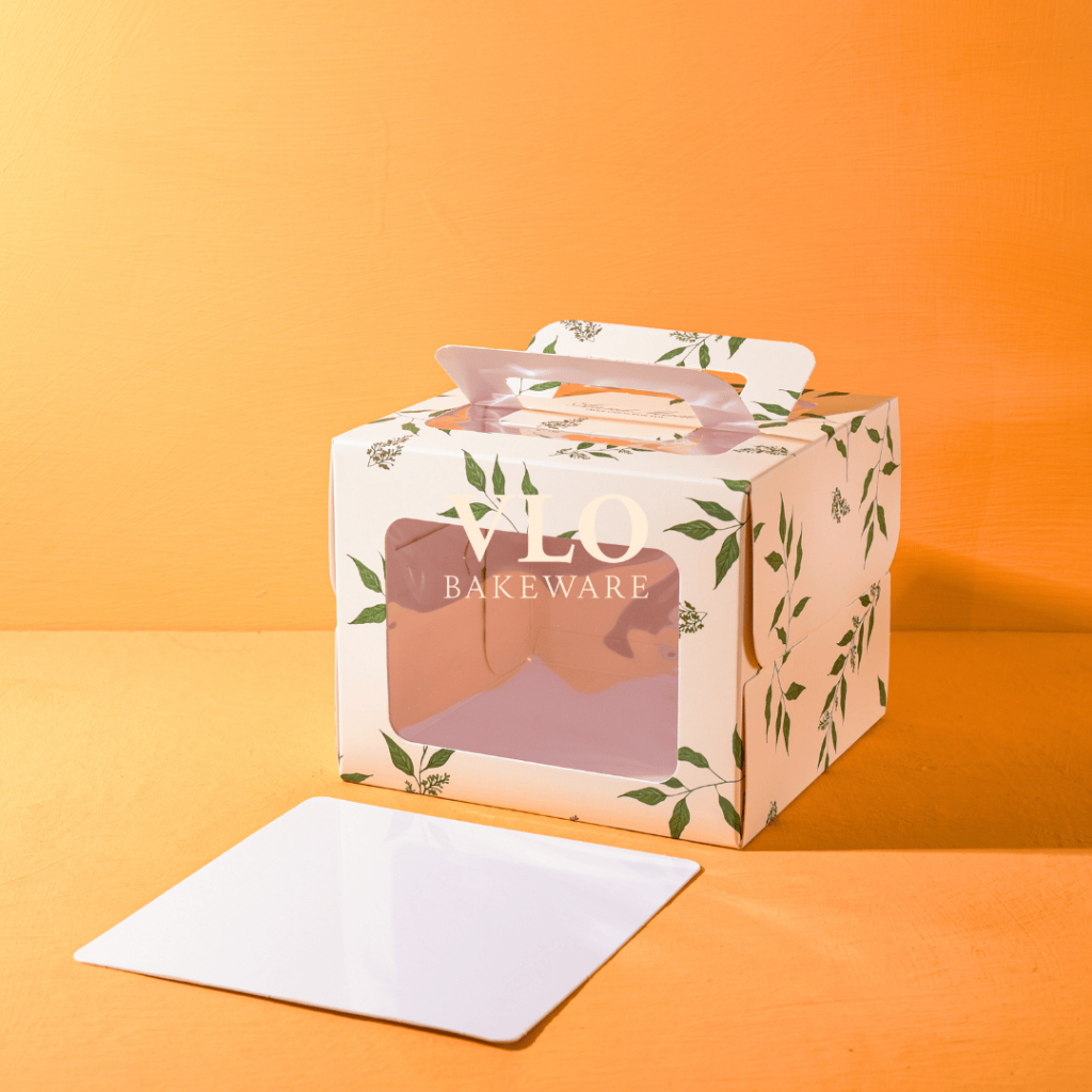 

[1 SET ISI 10 PCS] Kotak kue persegi ukuran 20 cm ada handle motif daun | cake box korea premium | dus box kue tart hampers