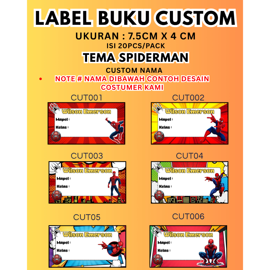 

10 PCS STICKER LABEL NAMA BUKU PELAJARAN BISA CUSTOM LUCU & UNIK AESTHETIC SPIDERMAN