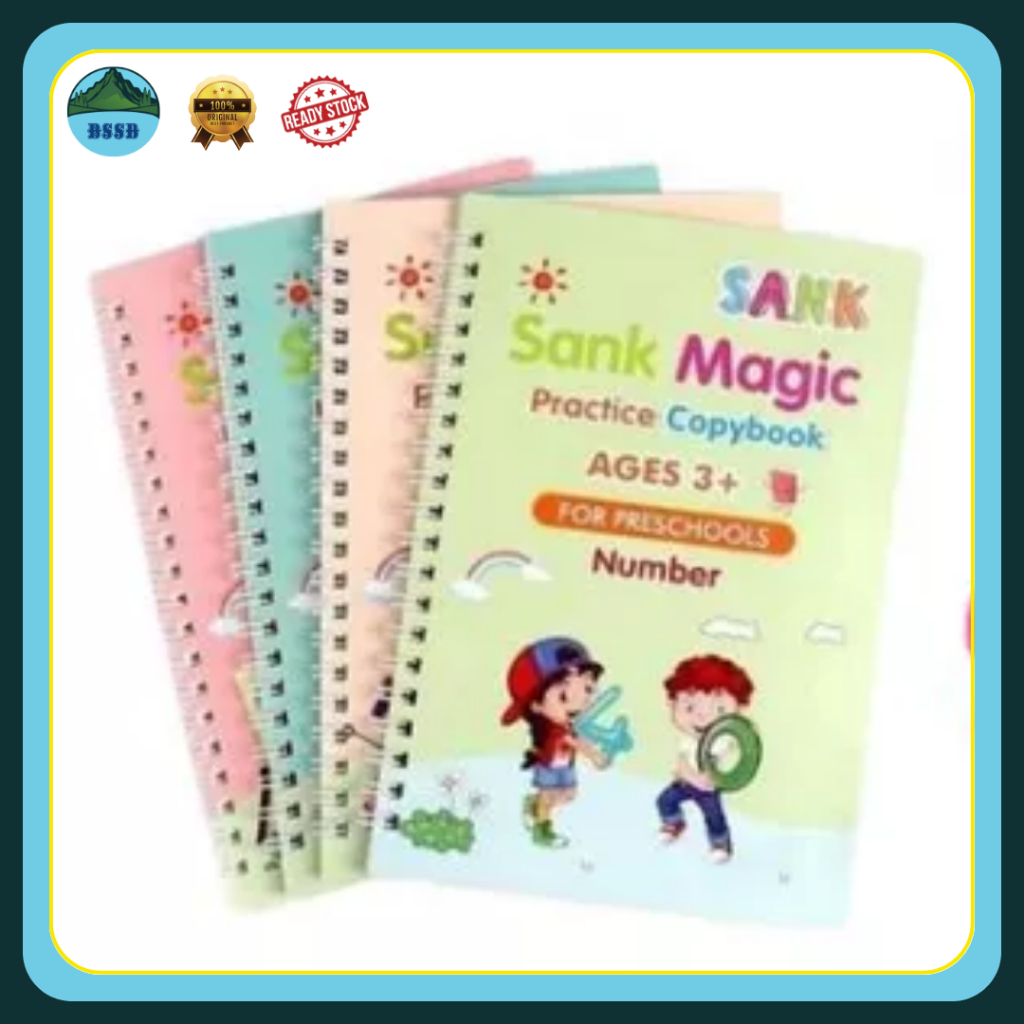 

SANK MAGIC PRACTICE COPYBOOK 4‑IN‑1 | Buku Ajaib Reusable + Pena & Refill | Latihan Huruf, Angka,
