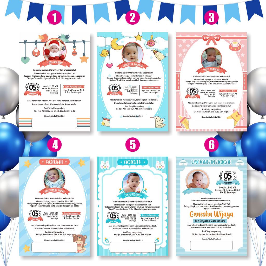 undangan aqiqah mini glossy murah, bahan photo paper 210gsm, free desain, foto, dan plastik
