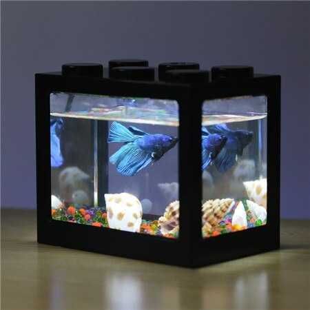 AQUARIUM MINI BLOCK WITH LAMPU LED COLORFUL HIASAN MEJA IKAN KECIL