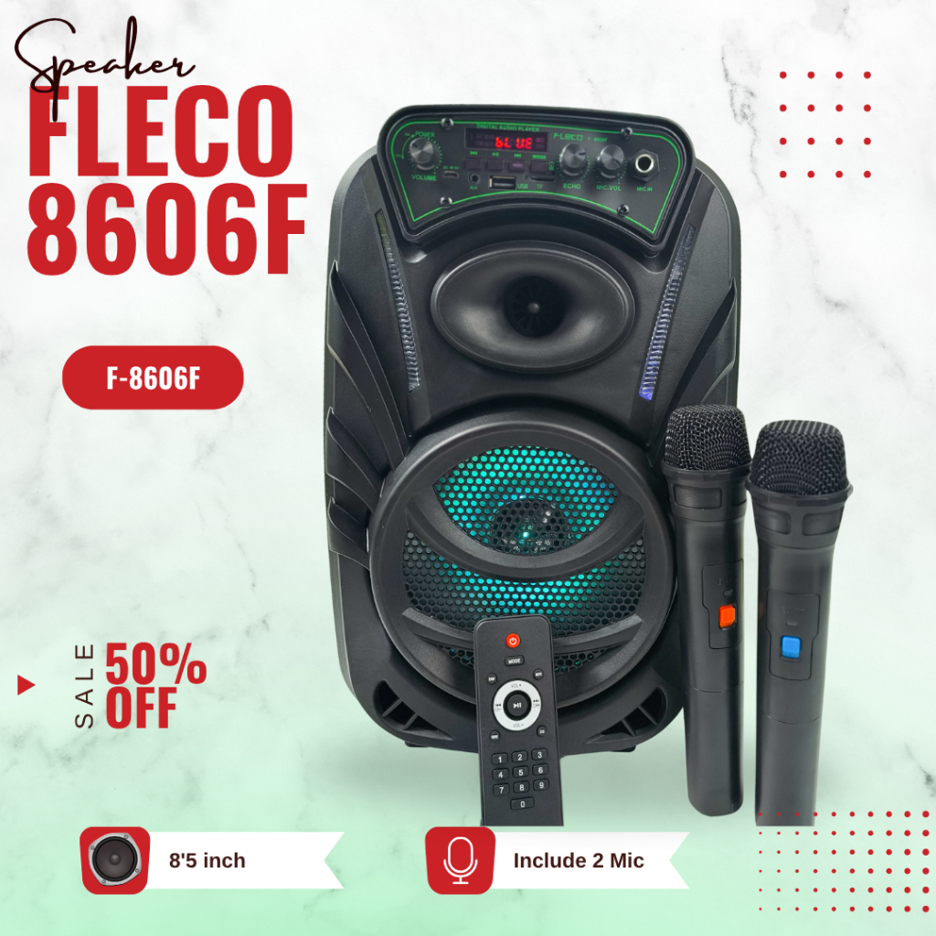 Speaker Portable Bluetooth 8.5 inch Dual Power Fleco F-8606F LED DIsplay Mode FM BT AUX TF Card Free