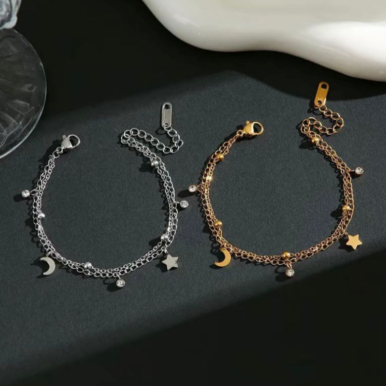 Gelang Tangan Titanium Premium Wanita Korea/Gelang Rantai 2 Layer Bulan Dan Bintang Anti Karat / Kua
