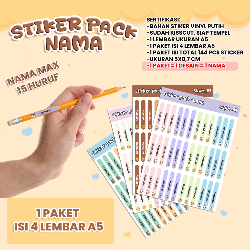 

[Ukuran A5 / 1 Paket isi 4 Lembar] Stiker Pack Nama untuk PENSIL, PULPEN, ATK, ALAT TULIS, DLL