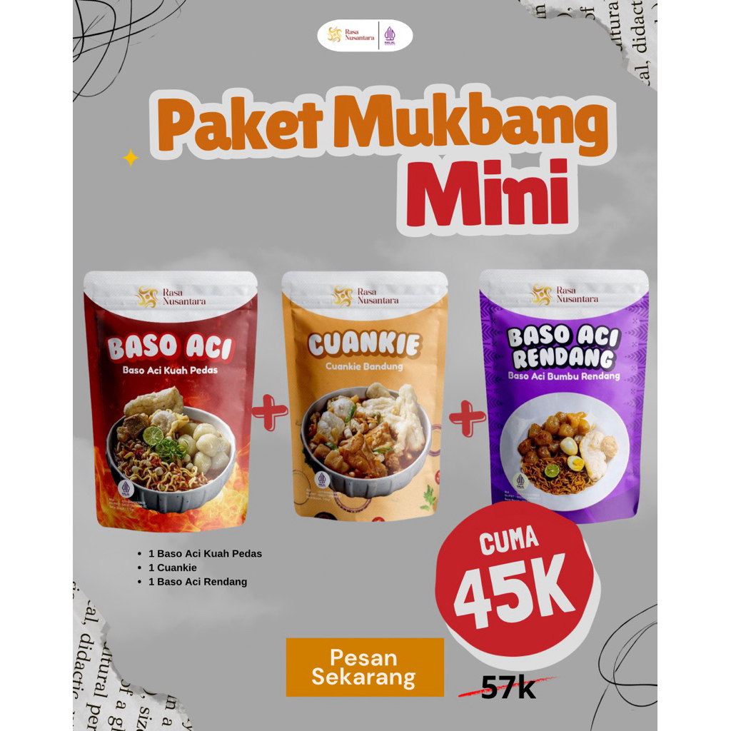 

Paket Mukbang Mini | Rasa Nusantara Snack | Baso Aci Kuah Pedas, Cuankie, Baso Aci Rendang