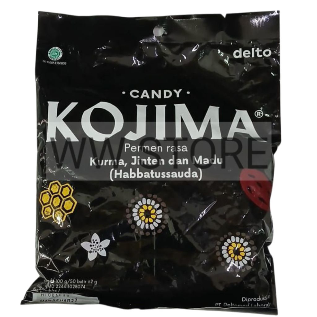 

Permen rasa kurma jinten dan madu ( Habbatussauda ) halal MUI delto KOJIMA CANDY 100g ( 50 butir x 2g )