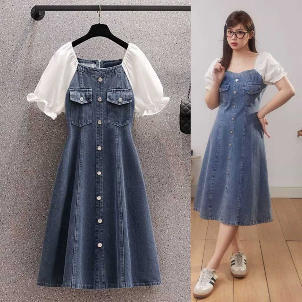 [ Deirly ] DRESS WANITA BAHAN DENIM SNOW KOMBINASI KATUN POPLIN