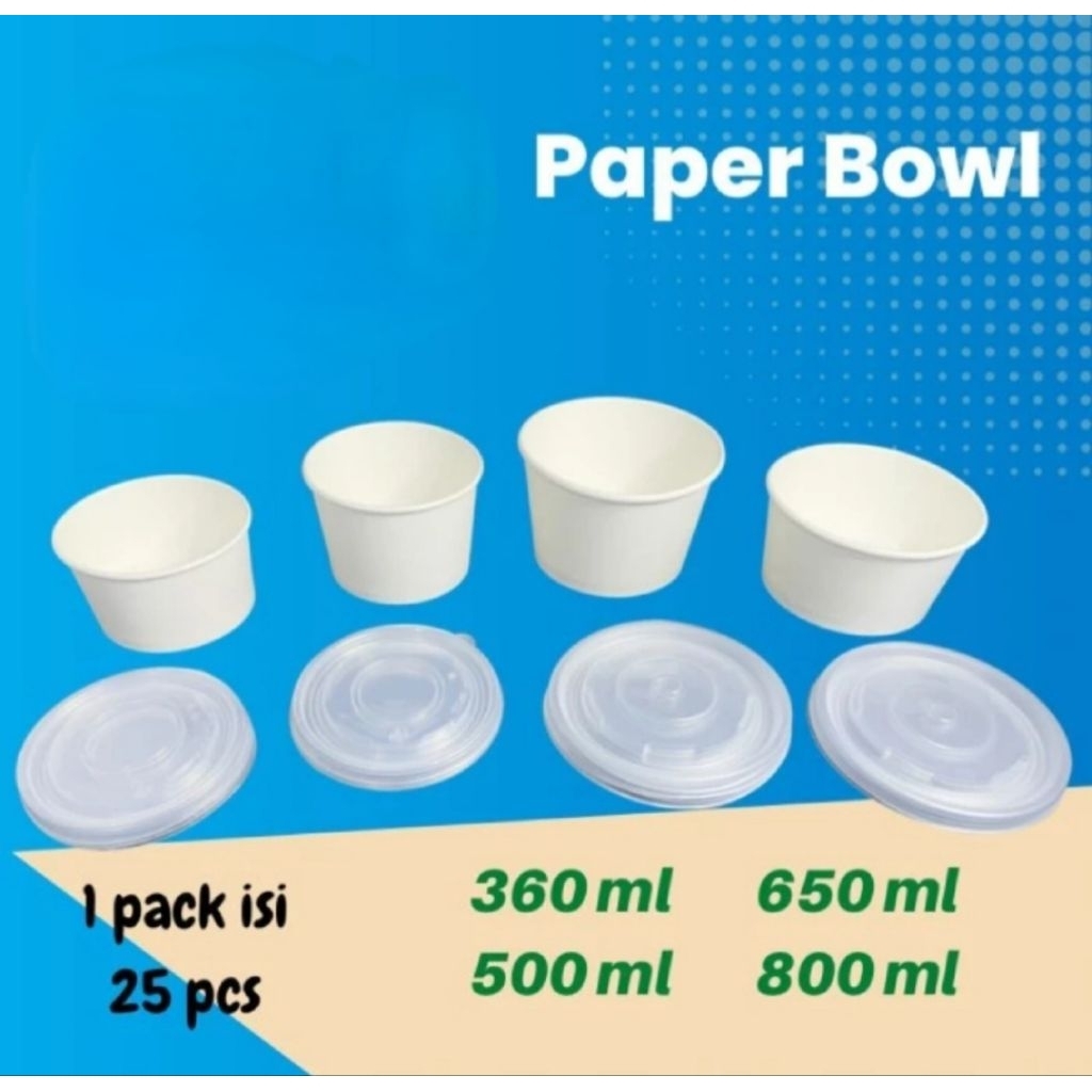PAPER BOWL PUTIH 360ml, 500ml, 650ml, 800ml dan TUTUP