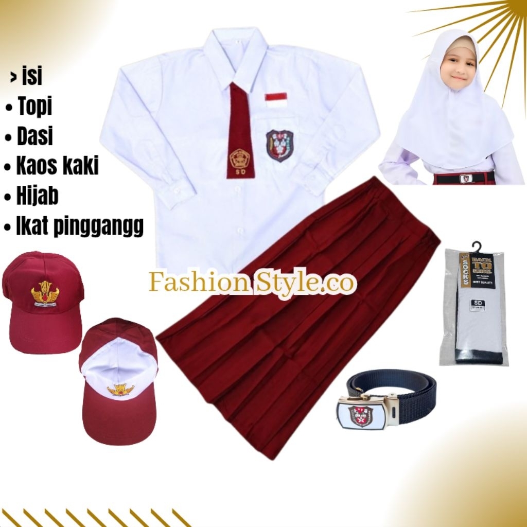 Setelan Seragam Sekolah SD Merah Putih Anak Perempuan Merah Putih Hijab Baju Rok Panjang