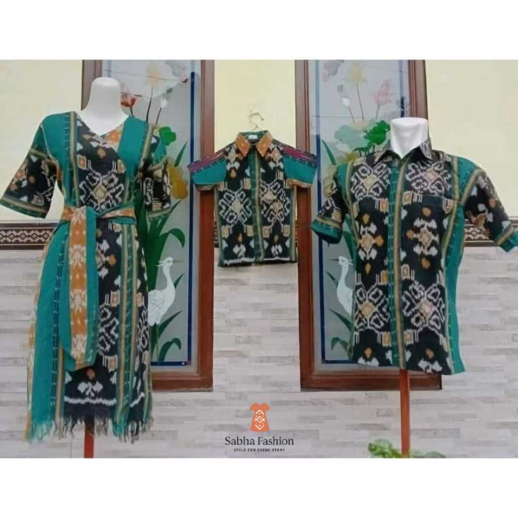 Set couple tenun Dress Tunik & Kemeja Tenun Sarimbit Hijau Couple Outfit ke Gereja Kondangan Kerja