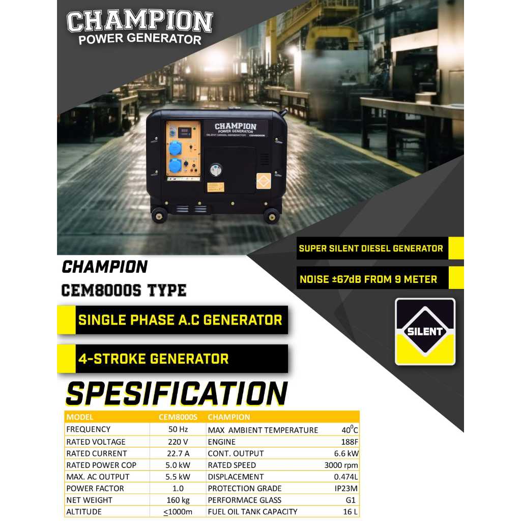GENSET SILENT DIESEL 5000 WATT CHAMPION CEM8000S/GENSET MINI PORTABLE