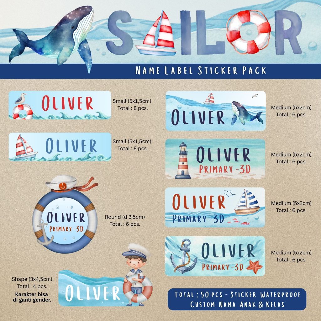 

Sticker Stiker LABEL NAMA CUSTOM Kelas - 50 pcs SAILOR NAUTICAL SEA OCEAN EXPLORED ADVENTURE Untuk Buku Sekolah Anak