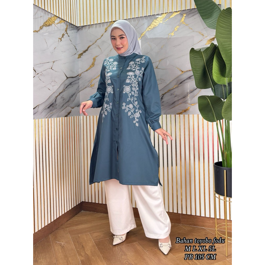 LONG TUNIK BORDIR BUNGA BAHAN TOYOBO FODU||TUNIK WANITA MUSLIM TERBARU||