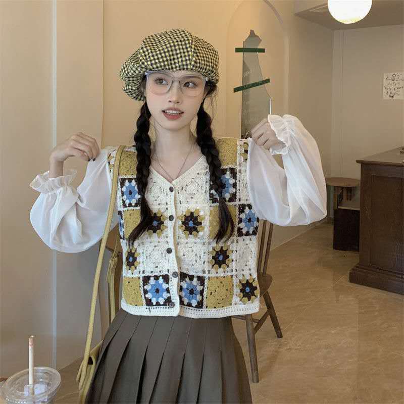 Rompi Rajut Granny Square Vintage Patchwork Lengan Panjang Kombinasi Korea Style