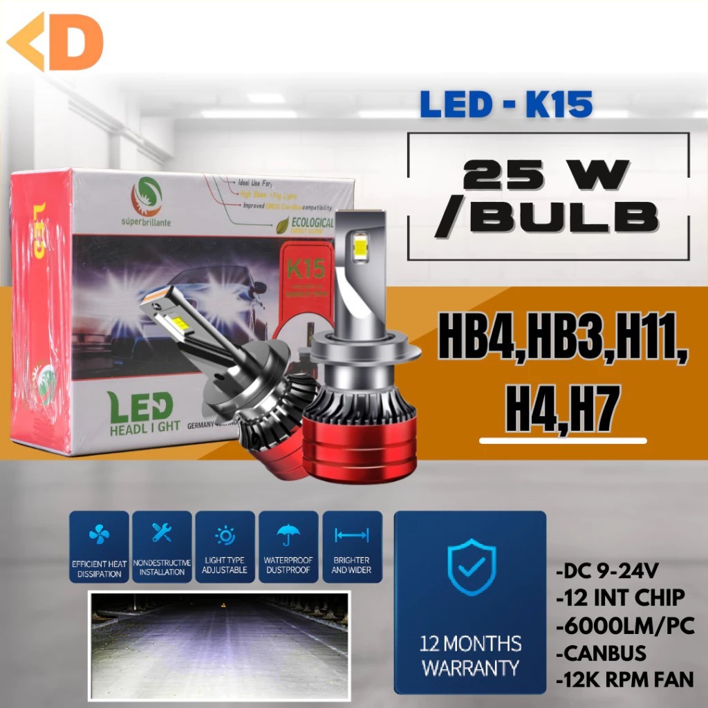 Lampu LED Mobil K15 White H4 H7 H11 HB3 HB4 Lampu Utama Lampu Kabut