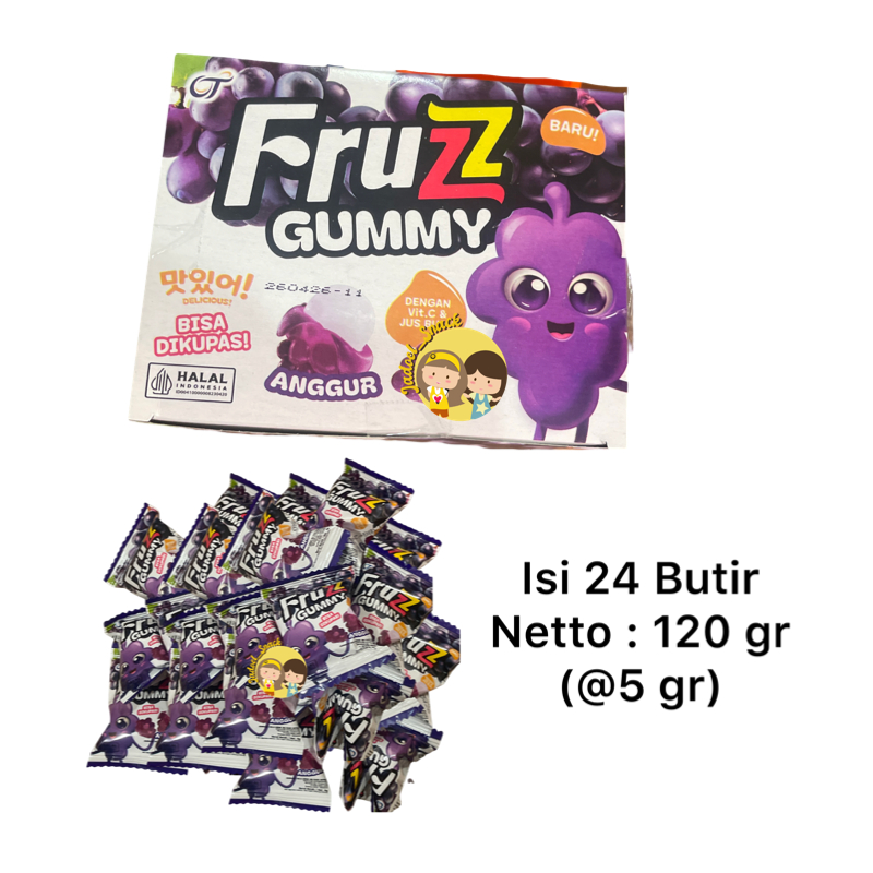 

Permen Fruzz Gummy 24x5gr – Rasa Melon & Anggur | Bisa Dikupas | Camilan Anak Manis Segar