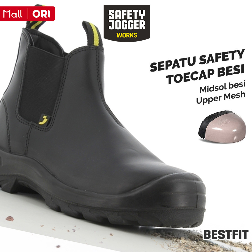 Safety Jogger Works Bestfit BLK Hitam Besi Midsol Fleksibel Ringan Nyaman Adaptif Tanpa Tali