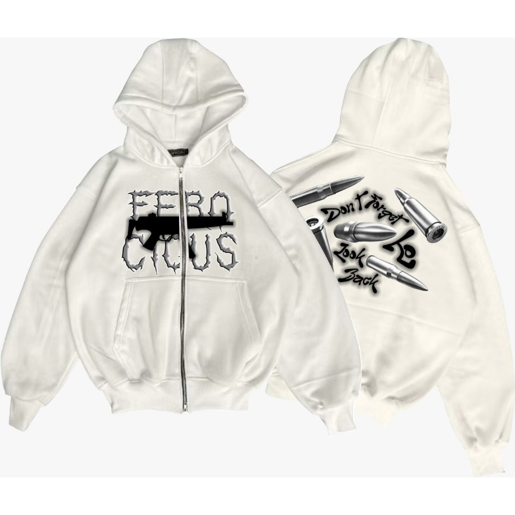 Jaket Sweater Hoodie Putih Boxy Menyala Double Zipper Pria Dan Wanita Aesthetic Vintage Frenemy
