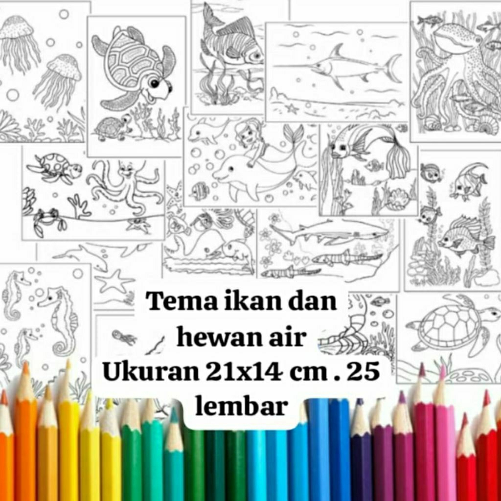 

tema ikan dan hewan air kertas mewarnai gambar 25 lembar ukuran 21x14 cm