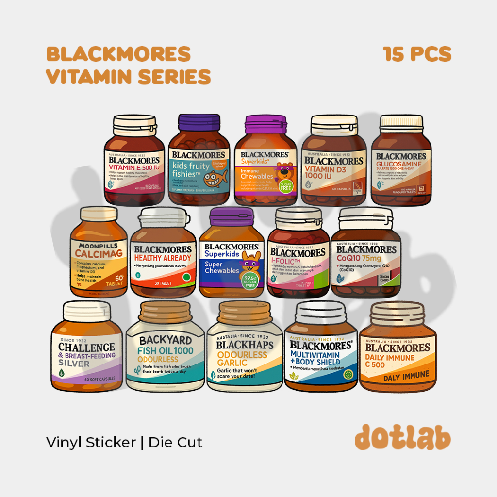 

DOTLAB BLACKMOURES Vitamin Bottle Sticker Die Cut | Cute & Funny Label Decal for Laptop, Tumbler