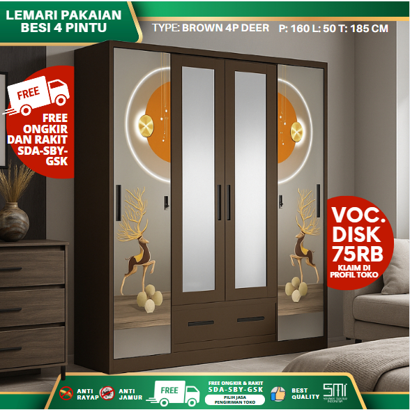 Lemari Pakaian Besi 4 Pintu - Lemari Besi Pakaian, Lemari Baju Besi Avery SLSW MARBLE 2 COKLAT
