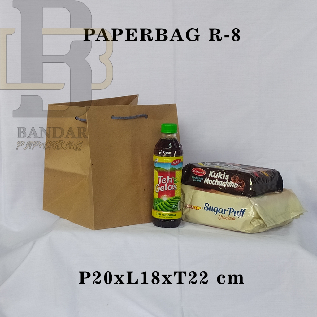 

PAPERBAG UKURAN R-8 P20 X L18 X T22 CM UNTUK KUKIS SUGAR PUFF TEH PUCUK DLL