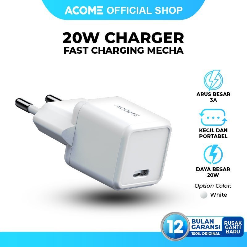ACOME AC12 - Kepala Charger Single Port Type-C PD 20W Fast Charging Original Acome