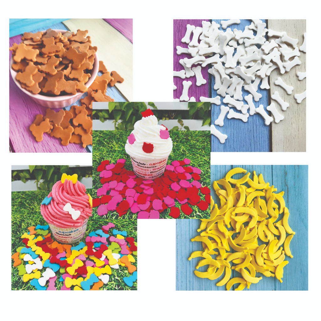 

Gumpaste hiasan kue tart sprinkle pita/ kitty/ teddy/ pisang/tulang