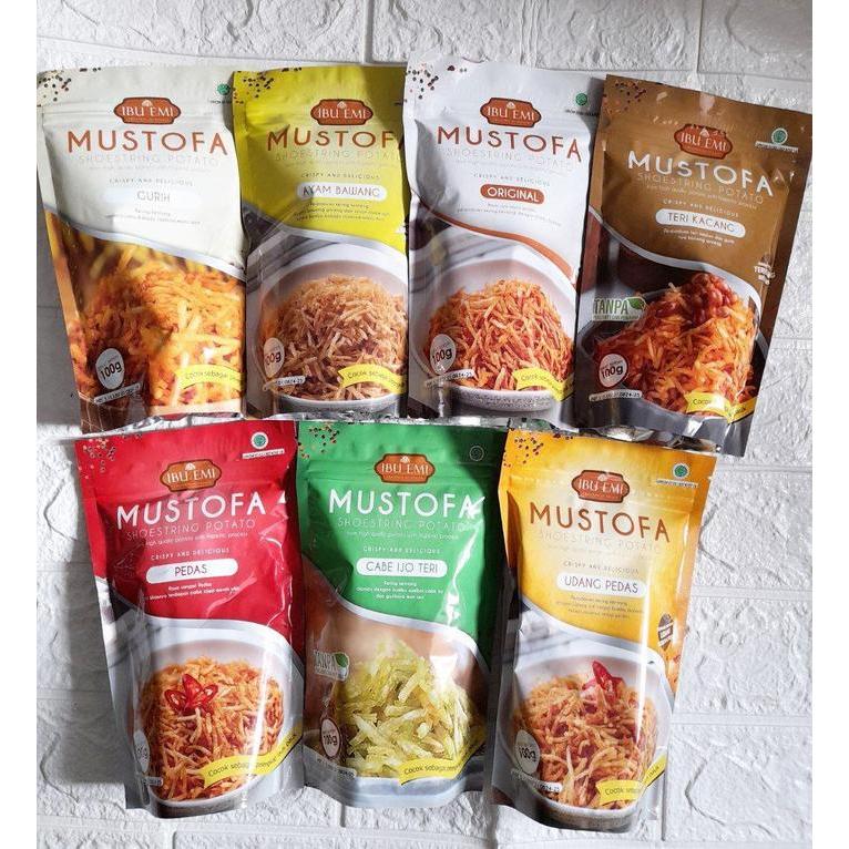 

Kering Kentang Mustofa Bu emi original Pedas Manis Kriuk Pouch 50 & 100gr kemasan besar Lauk asin daun jeruk renyah