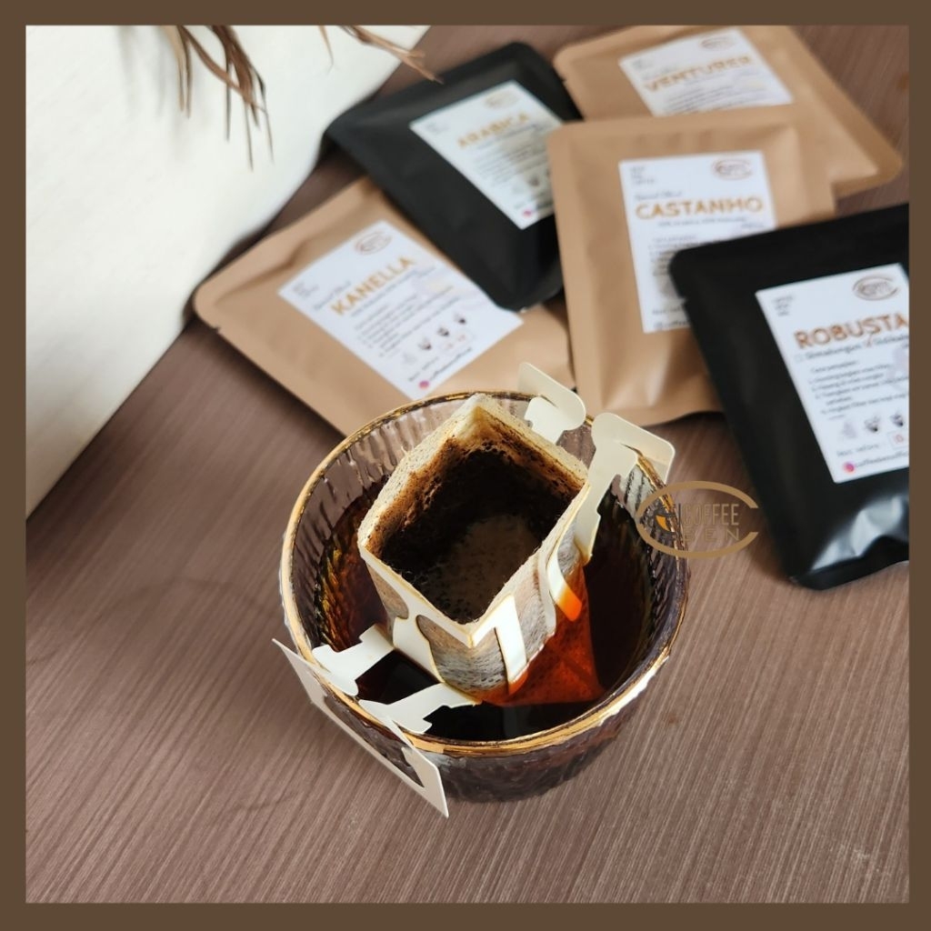 

Kopi Drip Bag Sachet Praktis Robusta Arabica Special Blend Kanella Castanho