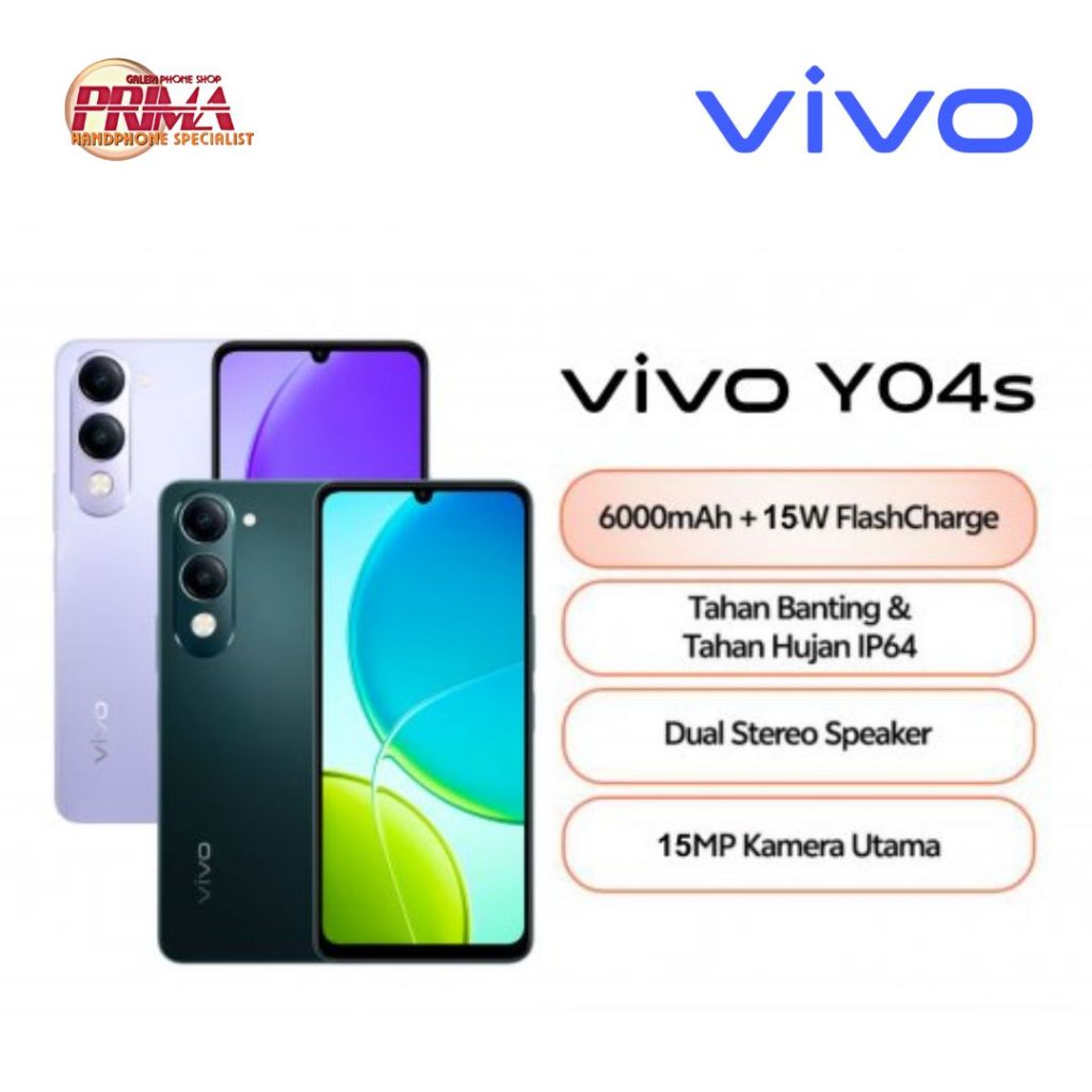 Vivo Y04s 4/64GB ram 4/128gb , Unisoc T612 (12 nm), AI Imaging, 6000mAh 15W Flash Charge | *Garansi 