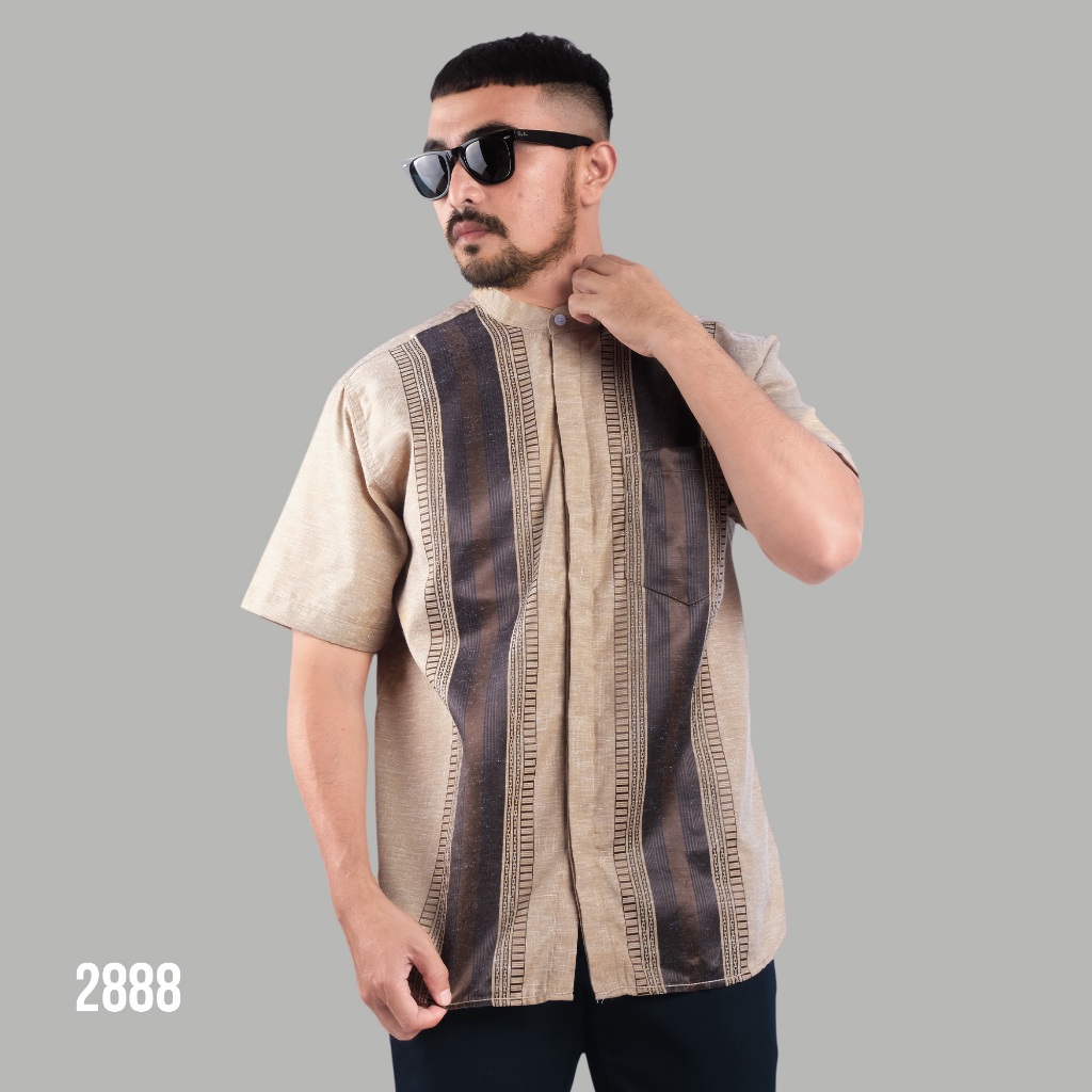 PAKAJI Baju Koko Pria Lengan Pendek Bordir Premium Latte Earth Bordir Coklat Garis Pagar Baju Koko 2
