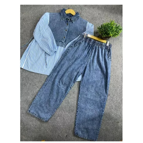 Oneset Jeans Kombinasi Motif Salur Busui Friendly / Setelan Wanita Kekinian Dewasa - Muslim Gamis